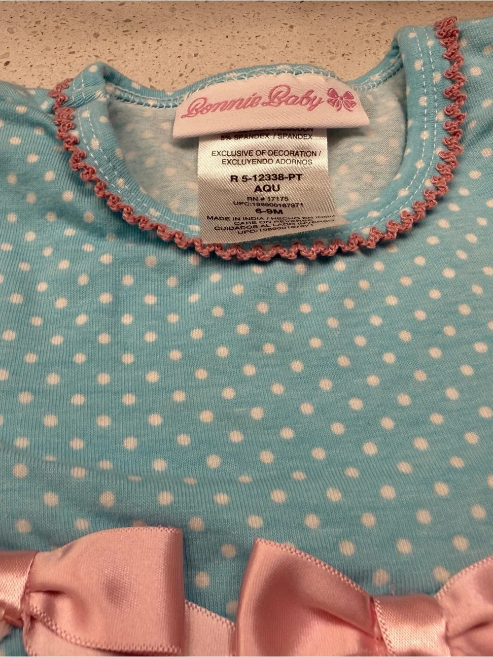 Bonnie Baby Aqua Polka Dot Top with Pink Trim Scallop Neck